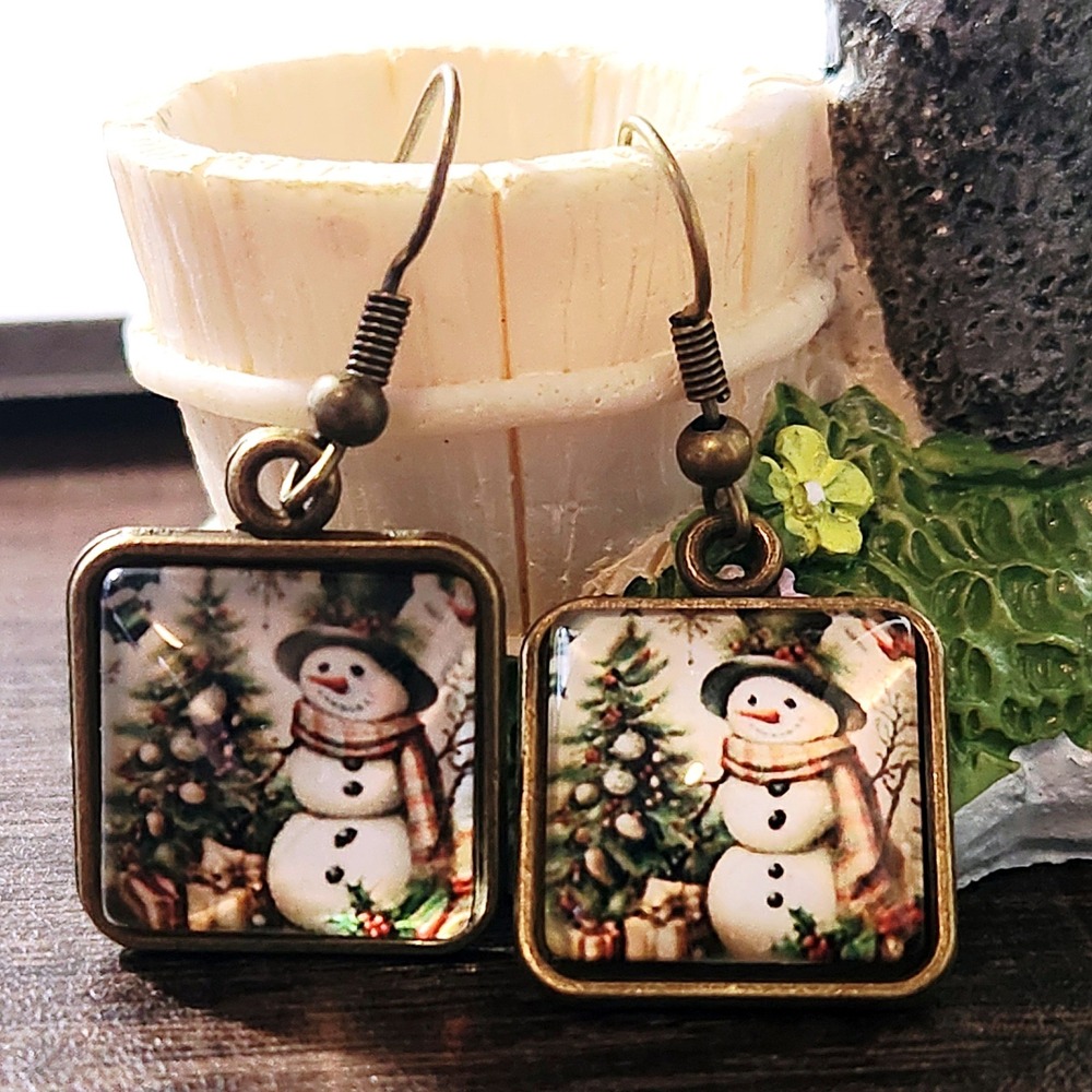 Vintage Style Snowman Christmas Tree Square Bronze Drop Earrings Holiday Jewelry